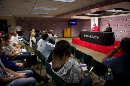 Press conference at Angel Stadium in Anaheim was held to debut "I Am Second" video about Albert Pujols testimony of faith in Jesus Christ, July 2, 2013.