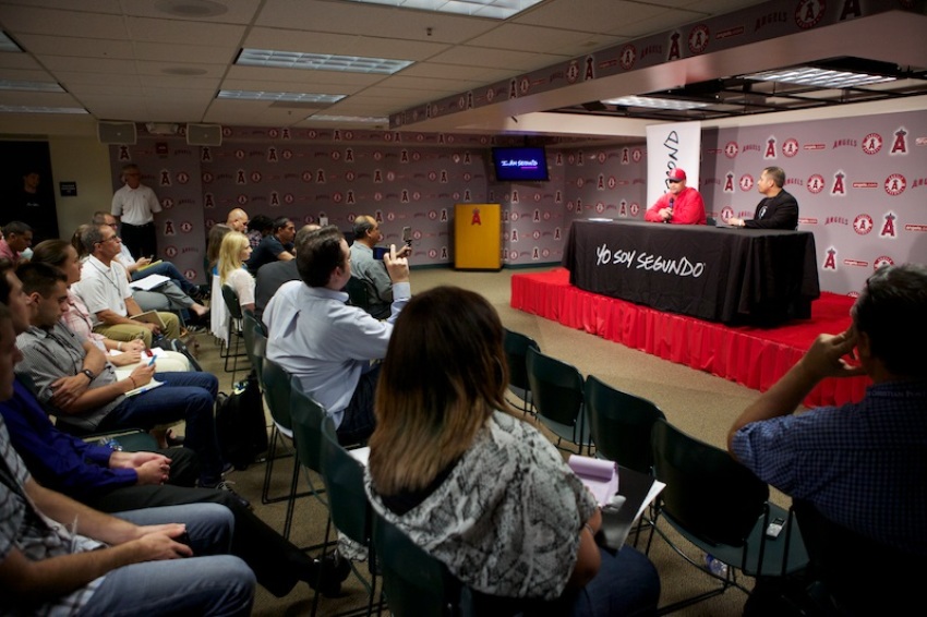 Press conference at Angel Stadium in Anaheim was held to debut "I Am Second" video about Albert Pujols testimony of faith in Jesus Christ, July 2, 2013.