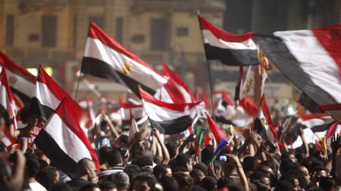 Anti-Mursi protesters walk with their flags as they celebrate in Tahrir square.