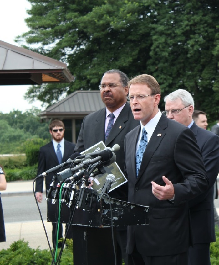 Tony Perkins, president of the Family Research Council, speaking in favor of a Religious Liberty Amendment to the National Defense Authorization Act (NDAA) at the House Triangle in Washington, DC in July 2013.