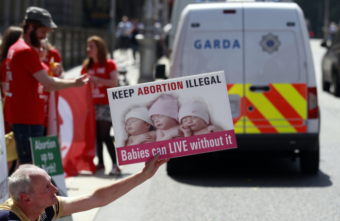 A Pro-Life campaigner demonstrates outside the Irish Parliament in Ireland, Dublin July 10, 2013.