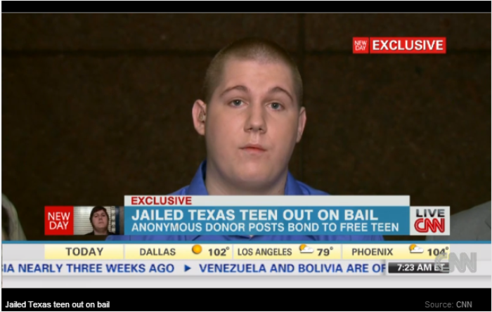 Justin Carter, 19, of Austin, Texas was arrested in February for making a sarcastic comment on Facebook. He was released on bail on Thursday after an anonymous donor posted his 0,000 bail bond that his parents could not afford.