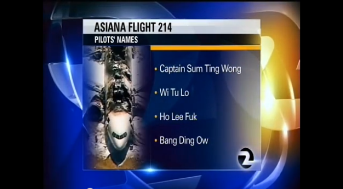 A screen grab of the incorrect names of the pilots from the Asiana Airlines' flight 214 broadcast by KTVU News in California on Friday.