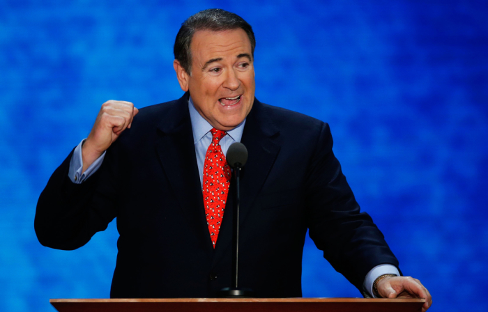 Former Republican presidential candidate Mike Huckabee speaks to delegates in this file photo.