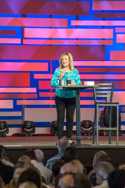 Pastor Rick Warren's wife, Kay, helped deliver part of the weekend sermon at Saddleback Church in Lake Forest, Calif. The founding couple of the church talked about remaining hopeful in the midst of their grief over their son's suicide nearly four months ago. Photo taken July 27, 2013.