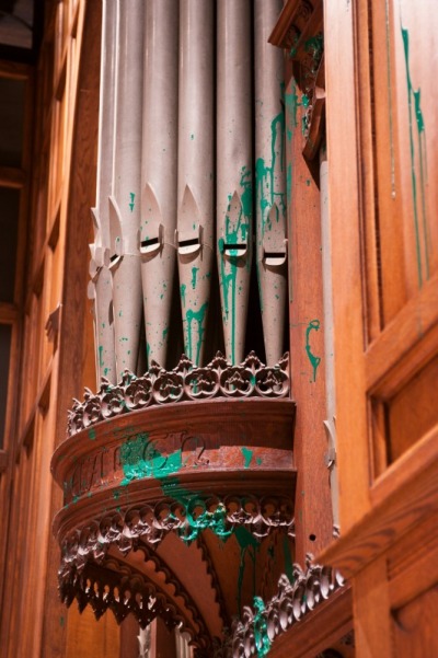 Green paint was discovered to have been splattered on this organ in the Bethlehem Chapel of the Washington National Cathedral on Monday.