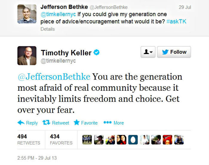 Spoken word poet and author Jefferson Bethke participated in a Twitter Q&A with Redeemer Presbyterian senior pastor Timothy Keller on Monday, July 29, 2013.