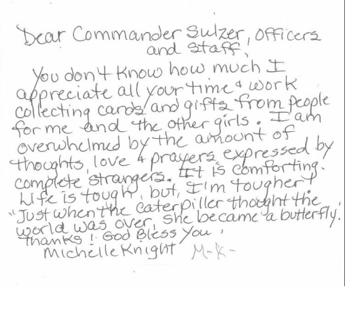 Michelle Knight's handwritten thank you note to Cleveland Police.
