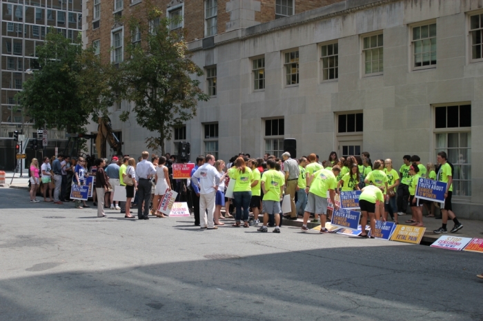 Over 130 people attended the pro-life 'March On Media' protest, where advocates alleged that ABC, NBC, and CBS spin the news for pro-choice advocates and should alter their reporting to cover the news fairly on Thursday, August 8, 2013, in Washington, D.C.
