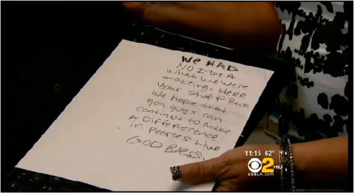 The handwritten apology from burglars who returned their stolen loot after they discovered they had robbed a charity.