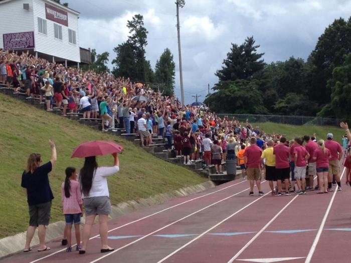 Residents and supporters of Christians seeking to pray for the new school year in the Cullman County School District in Alabama gather at one of the 29 schools where prayers were held on Saturday, Aug. 10, 2013.