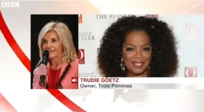 Trudie Goetz (l), owner of the upscale Swiss store, Trois Pommes address Oprah Winfrey's racism charges in a BBC interview.