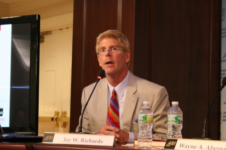 Apologist, scholar, and intelligent design advocate Jay Richards presenting his new book, "Infiltrated: How to Stop the Insiders and Activists Who are Exploiting the Financial Crisis to Control Our Lives and Our Fortunes," at the American Enterprise Institute on Thursday, August 15, 2013, in Washington, D.C.