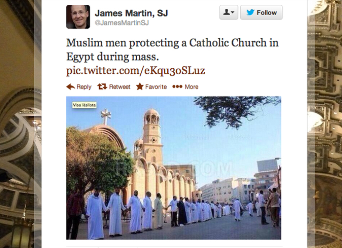 Egyptian Muslims hold hands and form a protective circle around a Catholic Church, under threat from Islamist militant supporters of former-President Morsi from the Muslim Brotherhood.