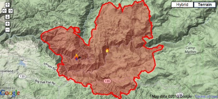 A Yosemite fire map showing the location of the Rim Fire 2013 as at approx. 10 p.m. ET. on Friday Aug. 23, 2013.