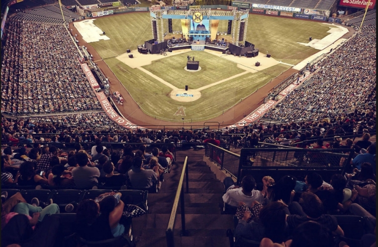 More than 28,000 people came out on a warm summer evening to hear evangelist Greg Laurie give the message of the gospel on the first of three nights of the SoCal Harvest event at Angel Stadium Friday, Aug. 23, 2013, in Anaheim, Calif.
