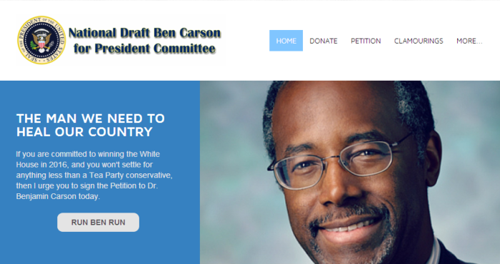 A screen grab of the homepage of the 'National Draft Ben Carson for President Committee' website.