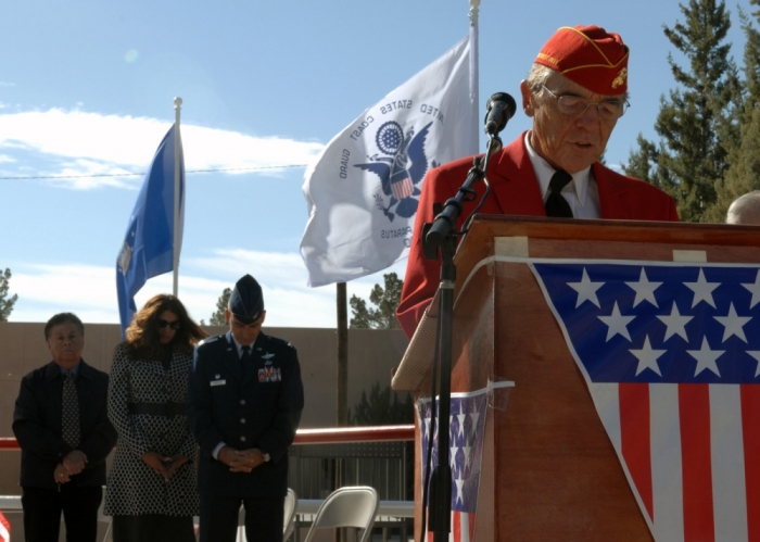 Richard Frazier, United States Marine Corps League Chaplain, gives an invocation to all the veterans and supporters who attended the Veterans Day Observance in Tularosa, N.M., Nov. 11, 2008. As part of the ceremony, a blessing was given to veterans from all branches of the military in honor of Veterans Day.