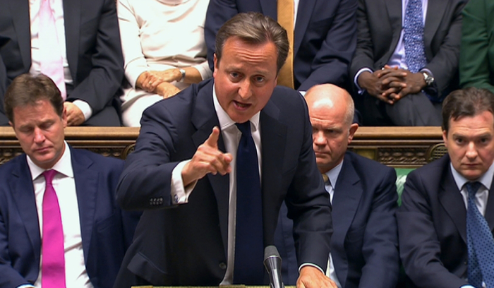 Britain's Prime Minister David Cameron is seen addressing the House of Commons in this still image taken from video in London August 29, 2013. Cameron said on Thursday it was 'unthinkable' that Britain would launch military action against Syria to punish and deter it from chemical weapons use if there was strong opposition at the United Nations Security Council.