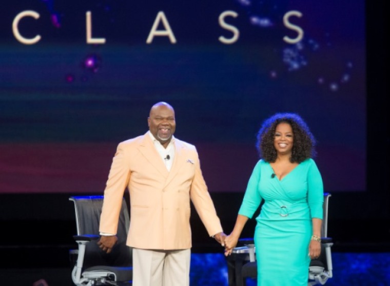 Bishop T.D. Jakes sits down with Oprah Winfrey for two tapings of her OWN television program, 'Oprah's Lifeclass' to talk about the millions of children who are growing up in fatherless homes and broken family relationships, at the American Airlines Center on Aug. 29, 2013, in Dallas, Texas.