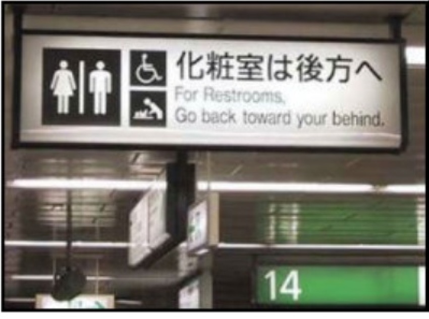 &nbsp;Translation: The restrooms are located in the back