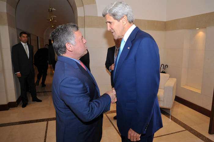 King Abdullah II of Jordan meets with U.S. Secretary of State John Kerry.