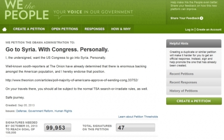 Screengrab of White House petition, "Go to Syria. With Congress. Personally."