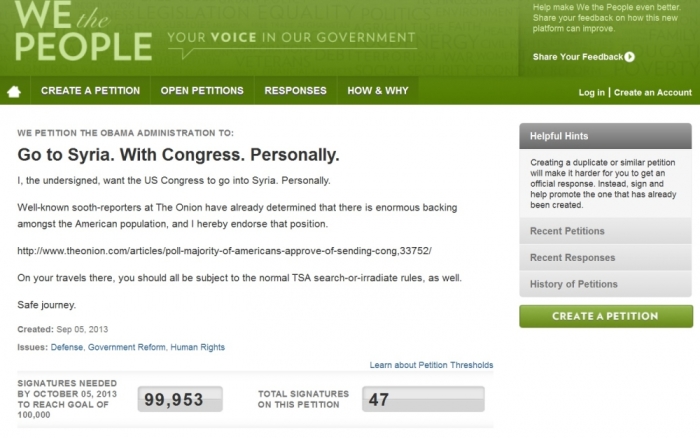 Screengrab of White House petition, 'Go to Syria. With Congress. Personally.'