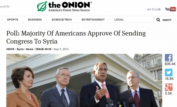 Screengrab from The Onion website. 'Poll: Majority Of Americans Approve Of Sending Congress To Syria.'