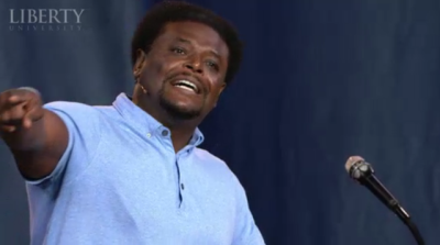 Derwin Gray, founder and pastor of Transformation Church and author of 'Limitless Life' speaks to 10,000 students at Liberty University's convocation in Lynchburg, Va., on Sept. 6, 2013.