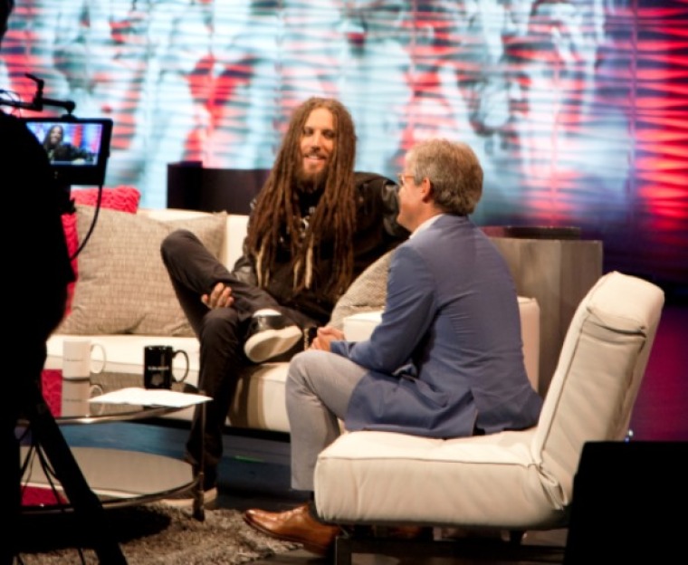 Eric Metaxas, host of 'I Am Second Live' and 100th 'second' interviews Brian 'Head' Welch at the Dallas City Performance Hall in Dallas, Texas, Sept. 18, 2013.