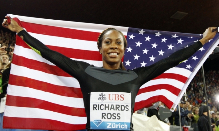 Sanya Richards-Ross of the United States celebrates as she wins the women's 400m race during the Weltklasse Diamond League meeting in Zurich August 30, 2012.