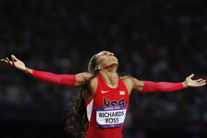 Sanya Richards-Ross of the U.S. celebrates winning the gold medal in the women's 400m final during the London 2012 Olympic Games at the Olympic Stadium August 5, 2012.