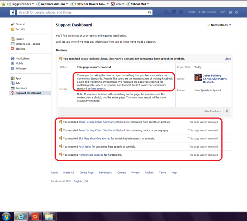 Facebook group, "1,000,000 Supporting Traditional Marriage" complains about offensive Facebook groups.