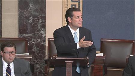 U.S. Senator Ted Cruz (R-TX), denounces "Obamacare" as he speaks on the Senate floor on Capitol Hill in Washington, in this still image taken from video, September 24, 2013.
