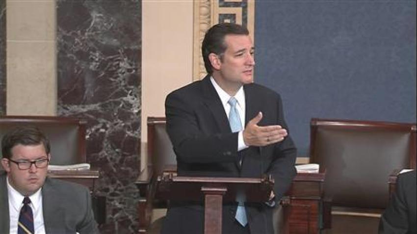 U.S. Senator Ted Cruz (R-TX), denounces "Obamacare" as he speaks on the Senate floor on Capitol Hill in Washington, in this still image taken from video, September 24, 2013.