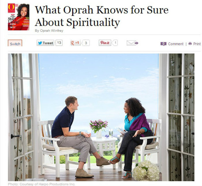 Oprah Winfrey shared a photo of her and Christian author and pastor Rob Bell during filming for an episode of her 'Super Soul Sunday' series on OWN. Winfrey wrote about her discussion with Bell in an article dated Sept. 17, 2013.