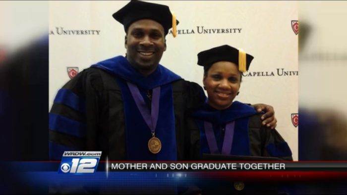 Maurice McBride (l) and his mother, Vickie McBride, graduate with doctorate degrees on the same day.
