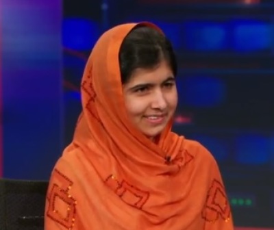 16-year-old Malala Yousafzai, the Pakistani education advocate who was shot by the Taliban in the head in October 2012, speaks with host Jon Stewart on Comedy Central's 'The Daily Show with Jon Stewart' on October 8, 2013.