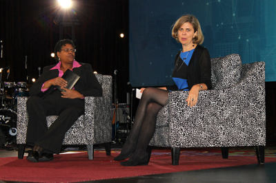 The Rev. Sherry Jones, academic dean of Lancaster Bible College (CUTS) in Philadelphia, Pennsylvania, appears on stage with Connally Gilliam, Special Counsel-Metro Mission of the Navigators in Washington, D.C. Jones and Gilliam discussed cross-cultural relations and healing Thursday, October 10, 2013, at the fourth annual Movement Day in New York City.