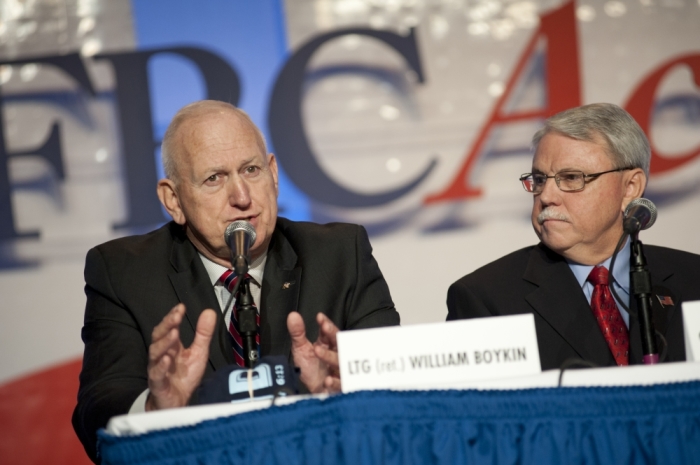 Lt. Gen. (Ret.) William G. 'Jerry' Boykin proclaims the threats to religious liberty in the military at the Values Voter Summit in Washington, D.C., on Saturday, Oct. 12, 2013.