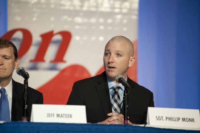 Senior Master Sergeant Phillip Monk, allegedly relieved of duty by his openly lesbian commanding officer for opposing gay marriage, speaks at the Values Voter Summit