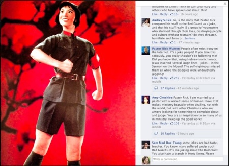 Asian-Americans criticized Rick Warren, after posted a Chinese propaganda image of a smiling Communist Red Guard girl with the caption "The typical attitude of Saddleback Staff as they start work each day."