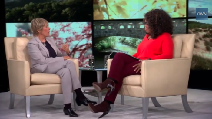 Long distance swimmer Diana Nyad, 64 (l) chats with media mogul Oprah Winfrey (r) on Oprah Winfrey Network's Super Soul Sunday program.