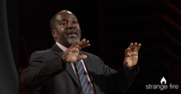 The Rev. Conrad Mbewe, pastor of Kabwata Baptist Church in Zambia, Africa, speaks at John MacArthur's Strange Fire conference in Sun Valley, Calif., on Oct. 18, 2013.