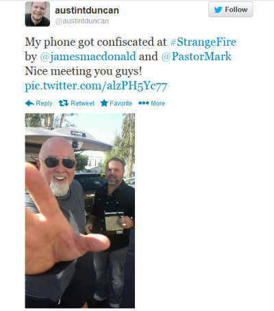 Austin T. Duncan tweeted this photo of Pastor James MacDonald and Pastor Mark Driscoll on Oct. 18, 2013, writing: 'My phone got confiscated at #StrangeFire by @jamesmacdonald and @PastorMark Nice meeting you guys!'