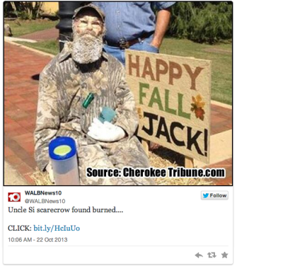 The Duck Dynasty Scarecrow made by school children.