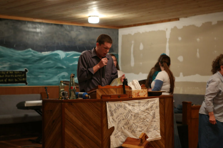 Pastor Andrew Hamblin of Tabernacle Church of God in LaFollette, Tenn., preaches during a worship service.