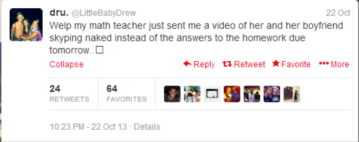 A student who goes by dru. (@LittleBabyDrew) tweets the news of his Teaching Assistant sending a sex video to her class in lieu of quiz answers.