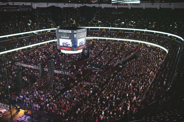 More than 16,000 people attended the public memorial for Pastor Chuck Smith at the Honda Center in Anaheim, Calif. Oct. 27, 2013.